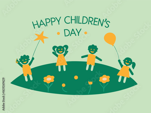 Children's Day greeting card depicting kids happily playing in a vibrant park filled with greenery.