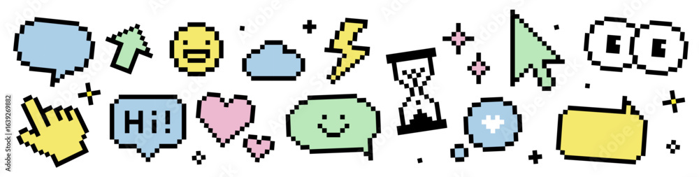 Obraz premium colorful pixel icons and speech bubbles vector set 
