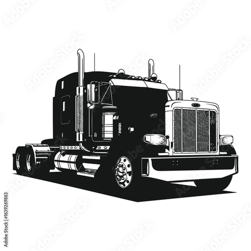 Semi Truck Tractor Black and White Illustration lorry