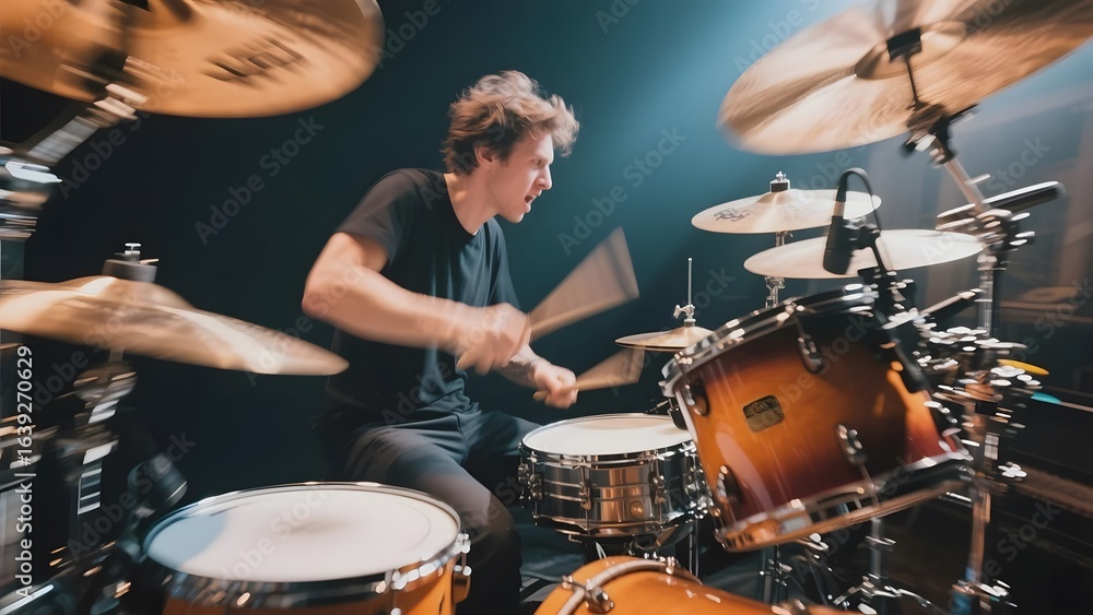 A passionate drummer energetically plays a drum set under stage lighting. A passionate drummer energetically plays a drum set under stage lighting.