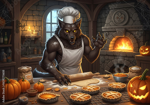 A werewolf baker in a kitchen preparing pumpkin pies for halloween with a stone oven behind him