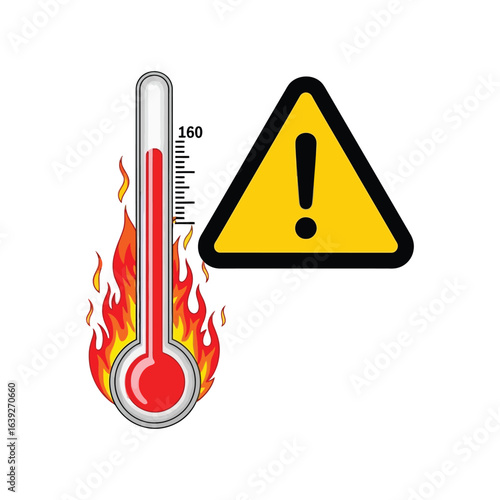 Warning sign with high temperature thermometer ablaze, ideal for health risks, safety precautions, fire hazards, and climate change visuals