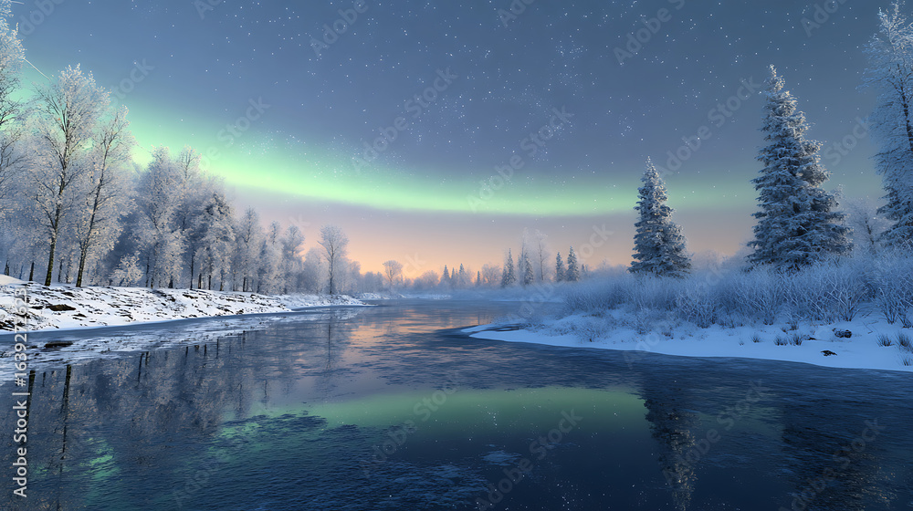 Fototapeta premium Winter river aurora landscape