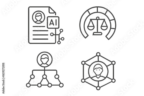 Illustration of graphic elements showing AI, legal scales, and networking concepts related to technology and law