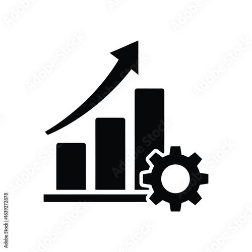 Business growth management icon with a rising bar graph and a gear symbol, representing financial progress and process improvement.