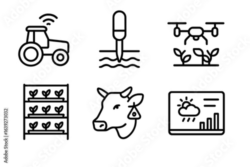 Innovative agricultural technologies illustrated through various icons showcasing modern farming techniques