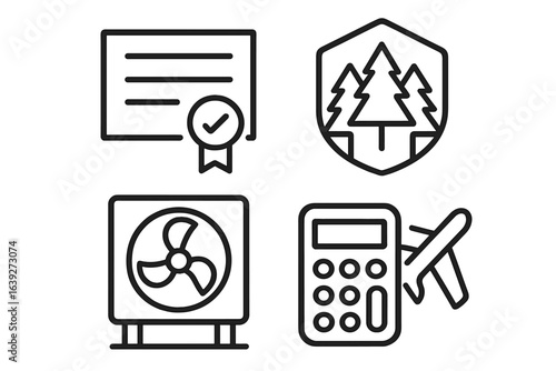 Certification symbols and icons representing renewable energy and mechanical engineering concepts