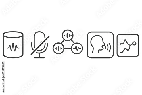 Icons representing audio processing and voice recognition technology in a modern digital environment
