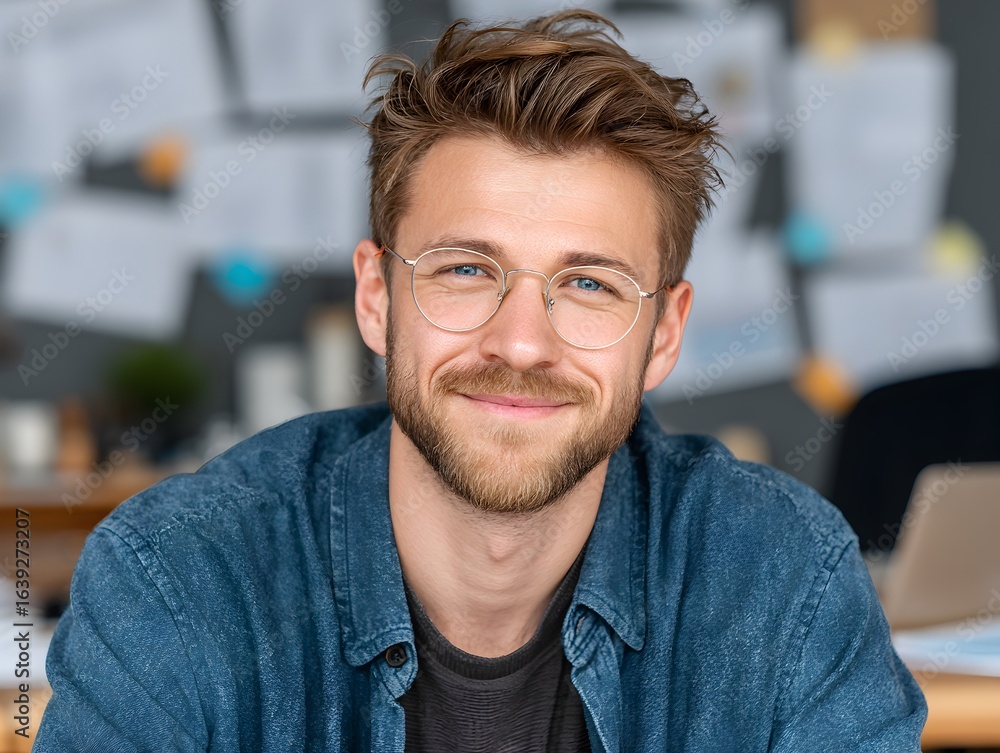 custom made wallpaper toronto digitalA handsome bearded man smiles confidently wea glasses and a denim shirt in his bright office space.