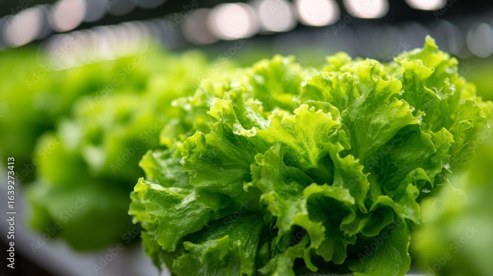 Fresh green lettuce thriving in a well-maintained greenhouse environment Fresh green lettuce thriving in a well-maintained greenhouse environment
