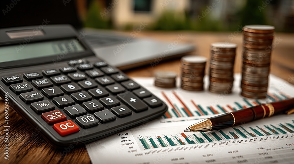 Accounting setup with calculator, charts, and laptop for financial planning and tax management Accounting setup with calculator, charts, and laptop for financial planning and tax management