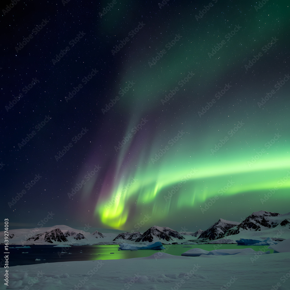 Naklejka premium Vibrant green and purple aurora australis illuminates the starry night sky over a frozen Antarctic landscape with mountains and icebergs.
