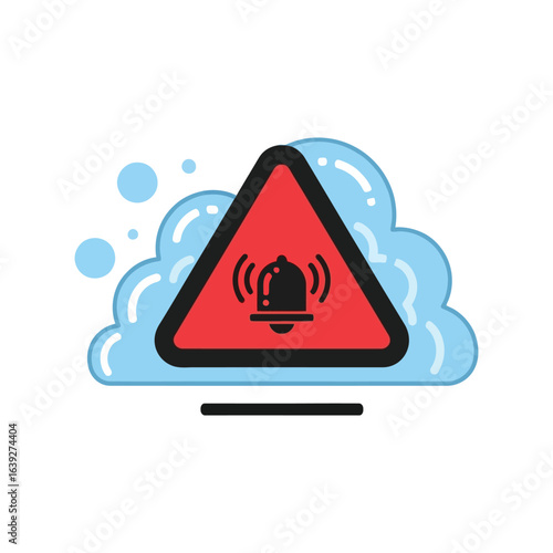 Urgent notification alert with bell icon inside red triangle on blue cloud background, immediate attention needed for critical updates