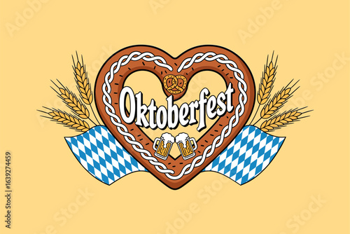 Oktoberfest gingerbread heart, wheat and blue ribbon, Bavarian festival badge, German celebration poster, t-shirt design