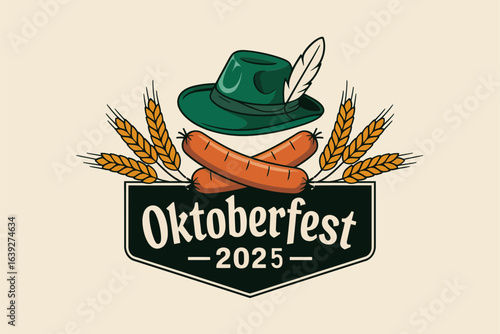 Oktoberfest 2025 sausage and hat, wheat and green feather, Bavarian festival poster, German celebration card, t-shirt print