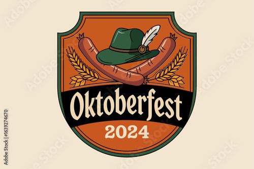 Oktoberfest 2024 badge, green hat and sausage emblem, German festival poster, celebration card, vintage print design
