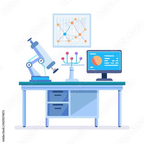 Illustration of a microscope and computer in a lab isolated on white background