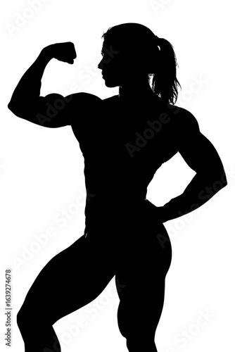 A black and white silhouette of a strong female bodybuilder flexing her bicep