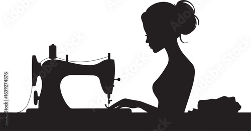 Elegant Seamstress Silhouette at Sewing Machine Creating Custom Fashion Black on White Isolated