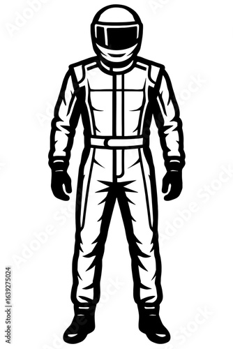 A black and white graphic illustration of a race car driver in full uniform