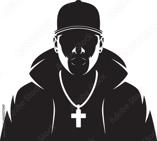 Cool Rapper Silhouette Illustration with Cap and Necklace Black on White Isolated