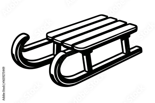 A black and white graphic illustration of a wooden sled