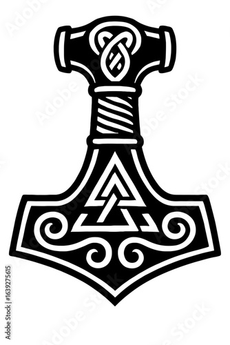 A black and white graphic illustration of Thor's Hammer Mjolnir