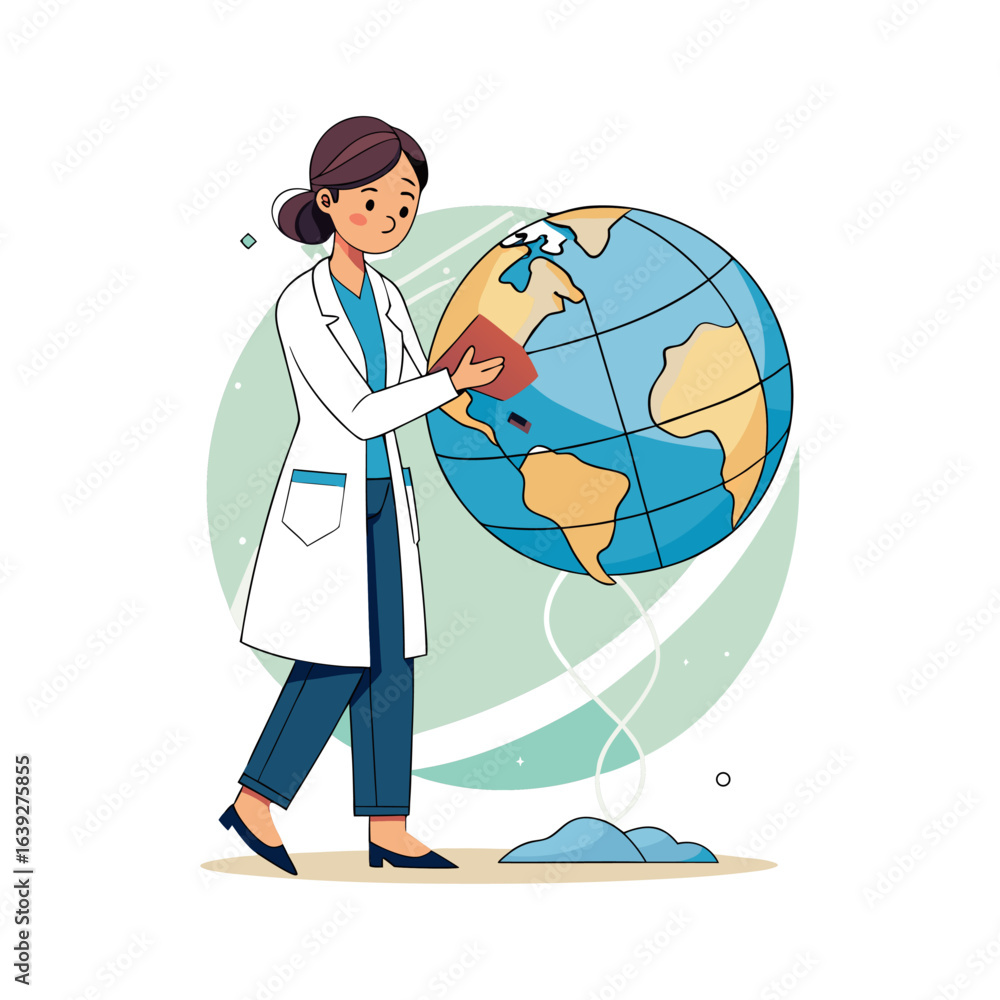 Fototapeta premium Compassionate female doctor bandaging cracked globe symbolizing global health care and healing world medical support illustration