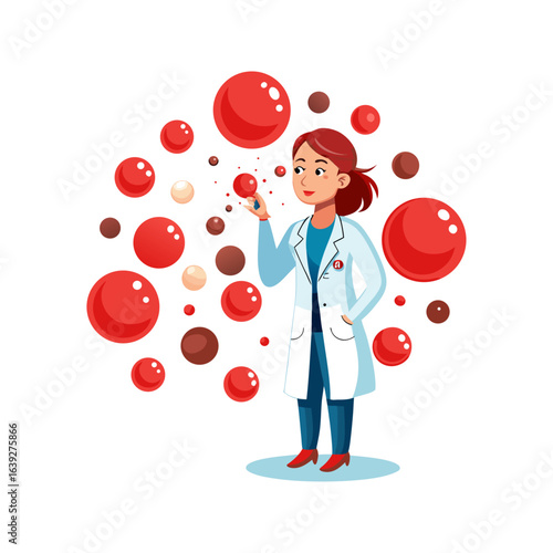 Creative female doctor blowing red blood cell bubbles, healthcare concept, medical illustration, clean vector design, white background