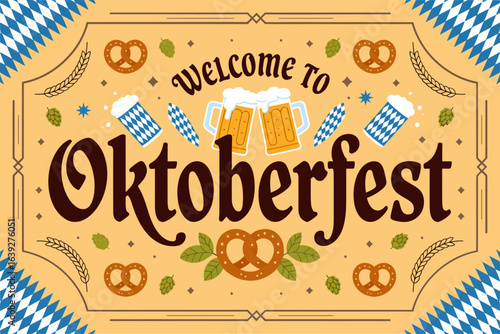 Welcome to Oktoberfest couple illustration, Bavarian costume banner, beer mug pretzel motif, celebration card, poster print