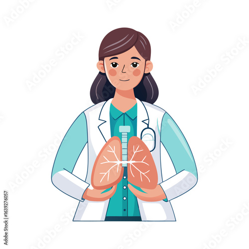 Female doctor examining detailed 3D printed human lungs model, innovative medical technology, healthcare professional, respiratory system education vector