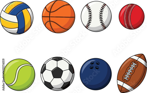 Collection of various sports balls, volleyball, basketball, baseball, cricket, tennis, soccer, bowling, American football, isolated on white background, perfect for sports, recreation, fitness