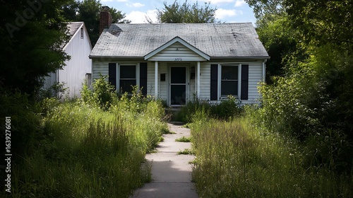 Wallpaper Mural Small house overgrown with weeds and grass, showing neglect and deferred maintenance Torontodigital.ca