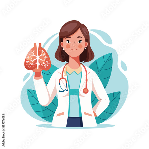 Female doctor examining detailed 3D printed human lungs model, innovative medical technology, healthcare professional, respiratory system education vector