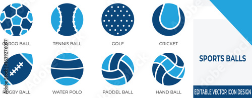 A diverse set of sports ball vector  icons including football, basketball, tennis, golf, rugby, and more. Perfect for sports design, infographics, and athletic branding projects.