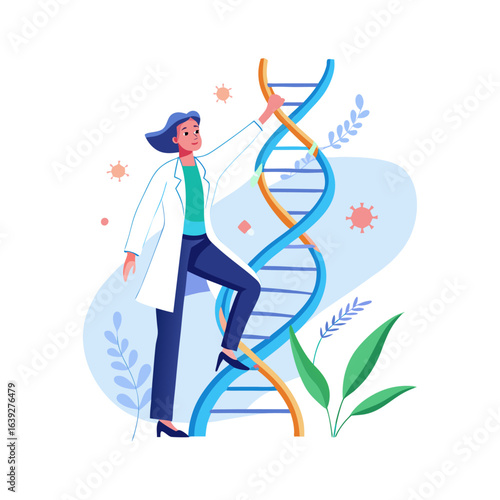 Female doctor confidently climbing a glowing DNA helix ladder symbolizing genetic research, innovation, and medical advancement vector illustration