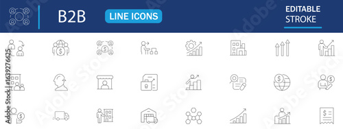 B2B line icon set with editable stroke. Featuring business to business, supplier, commerce, vendor, enterprise, partnership, manufacturer, purchase order, supply chain and more. Vector illustration.