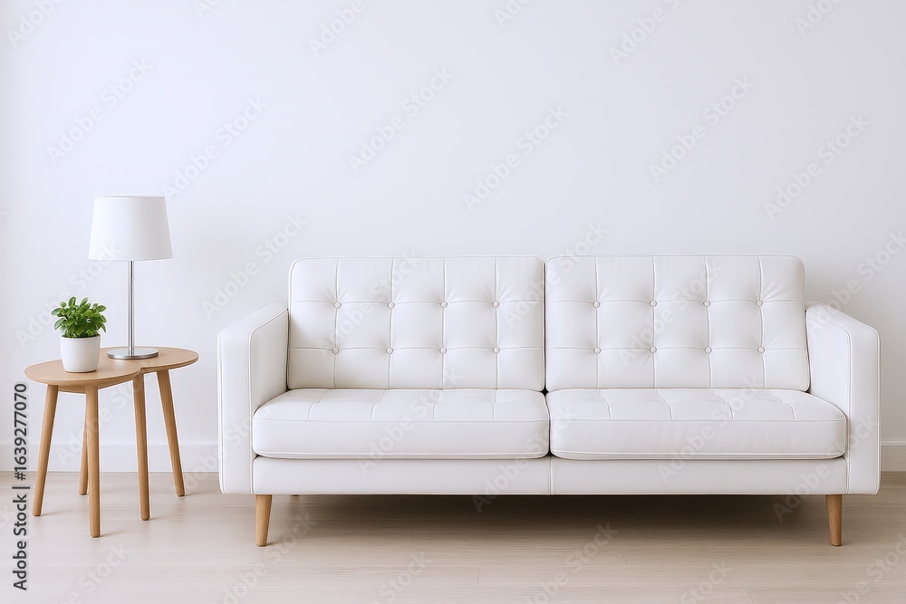 Fototapeta premium Minimalist Interior Scene Featuring a Tufted White Sofa and a Small Wooden Side Table with a Lamp and Plant
