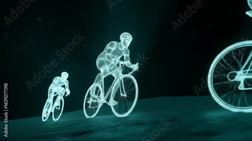 Futuristic Wireframe Cyclists Racing Forward on a Digital Track, High-Tech Sports Performance Visualization