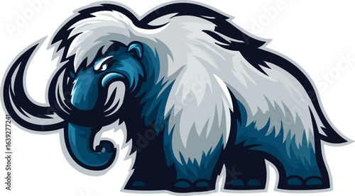 Stylized illustration of a mammoth in shades of blue and white