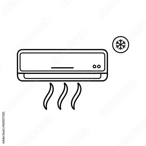 Minimalist vector icon of a split air conditioning unit blowing cold air. Outline graphic symbol for HVAC services and technology concepts on a white background.