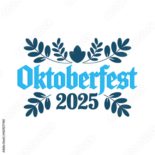 Oktoberfest 2025 blue leaf typography, festive poster design, German beer festival card, creative print, t-shirt art