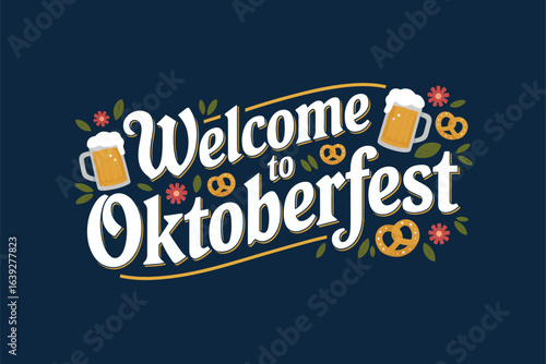 Oktoberfest celebration dark badge, beer mug and pretzel icon, festival poster, German party card, creative t-shirt art
