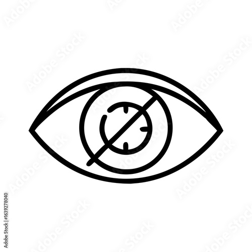 Outline drawing of an eye with a circle inside and a diagonal line across it indicating no vision allowed