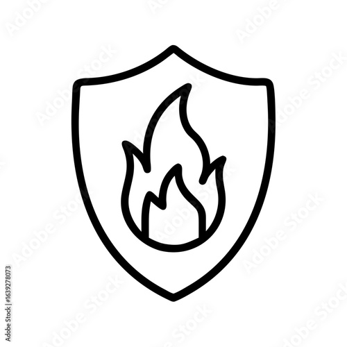 Outline illustration of a shield containing a stylized flame in black and white simple design style