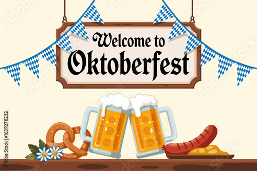 Welcome to Oktoberfest beer mugs, festive banner illustration, German festival card, celebration poster, creative t-shirt design