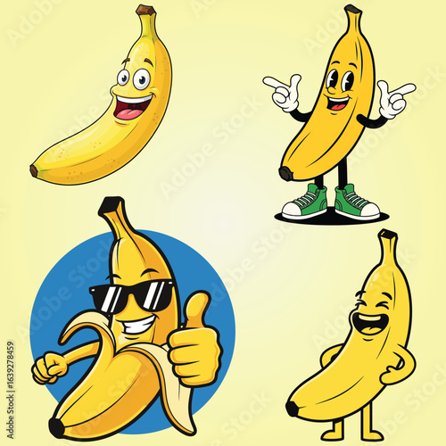 Four cheerful cartoon banana characters in various expressive poses, including a friendly waving banana and one giving a thumbs up.