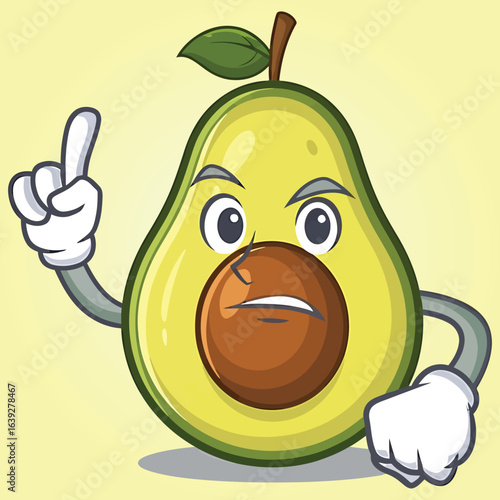 Angry Avocado Character Pointing a Disapproving Finger on a Simple Yellow Background