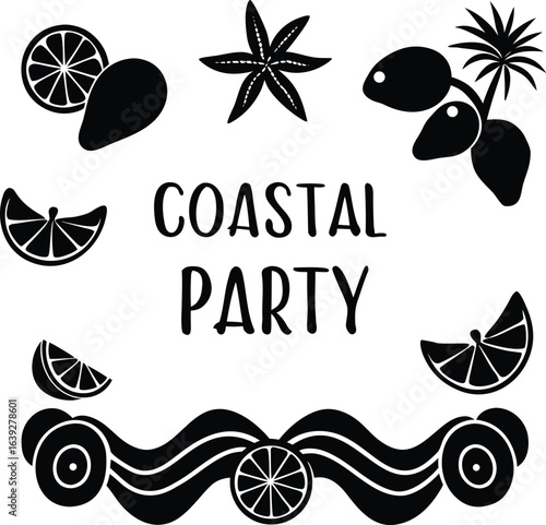 Playful squiggle waves with citrus fruit and seashell silhouette isolated on transparent background
