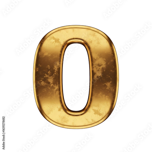 Grunge gold metallic number zero, isolated on white background.